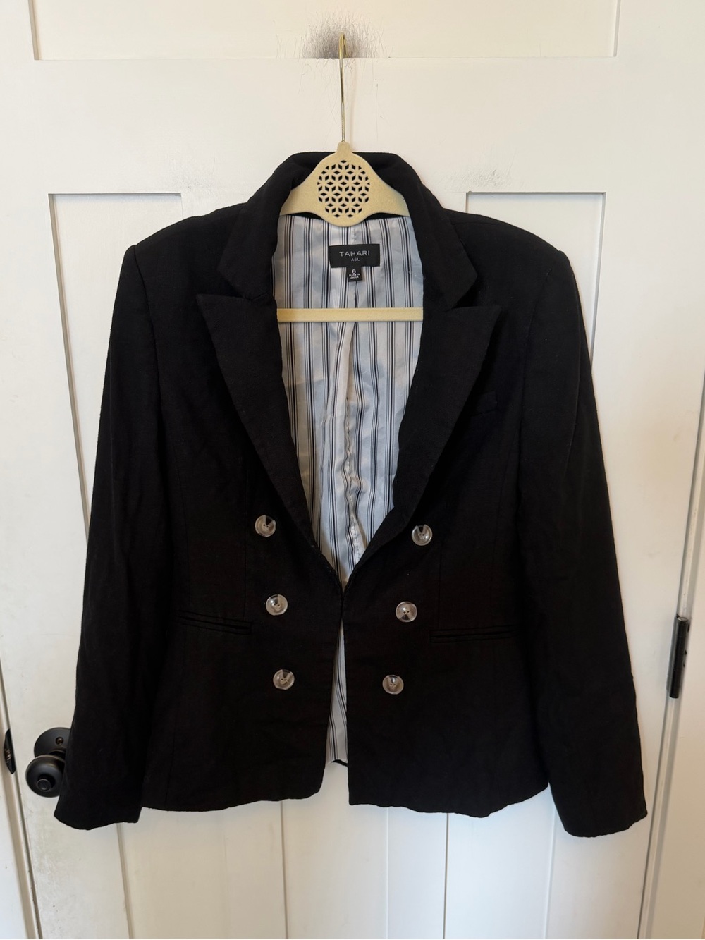 Tahari ASL Black Double Breasted Blazer Rayon Linen blend Size 6
